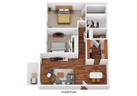 Floor plan for 2 beds, 1 bath, 836 sqft